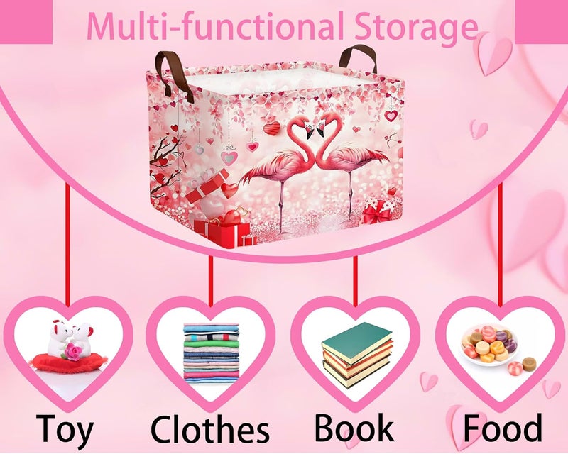 BOOHIT Valentines Day Basket Large Foldable Heart Shaped Storage Box for Gifts Kids Empty Storage Bins Rectangular Toy Organizer Decor (Love Flamingo) - Image 4